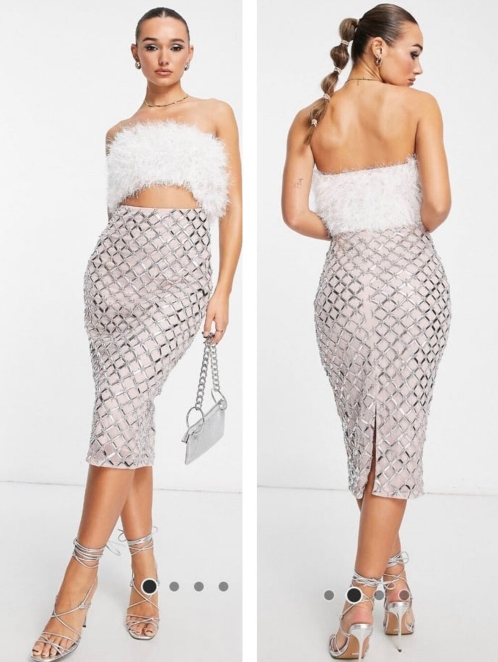 ASOS Feather Bandeau Top and Embellished Midi Skirt Set in White and Silver